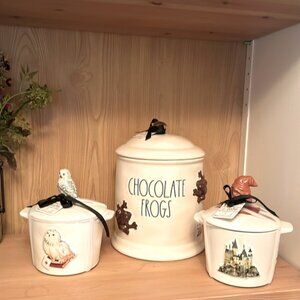 Rae Dunn Harry Potter Chocolate Frogs large Canister and 2 mini bakers Hogwarts